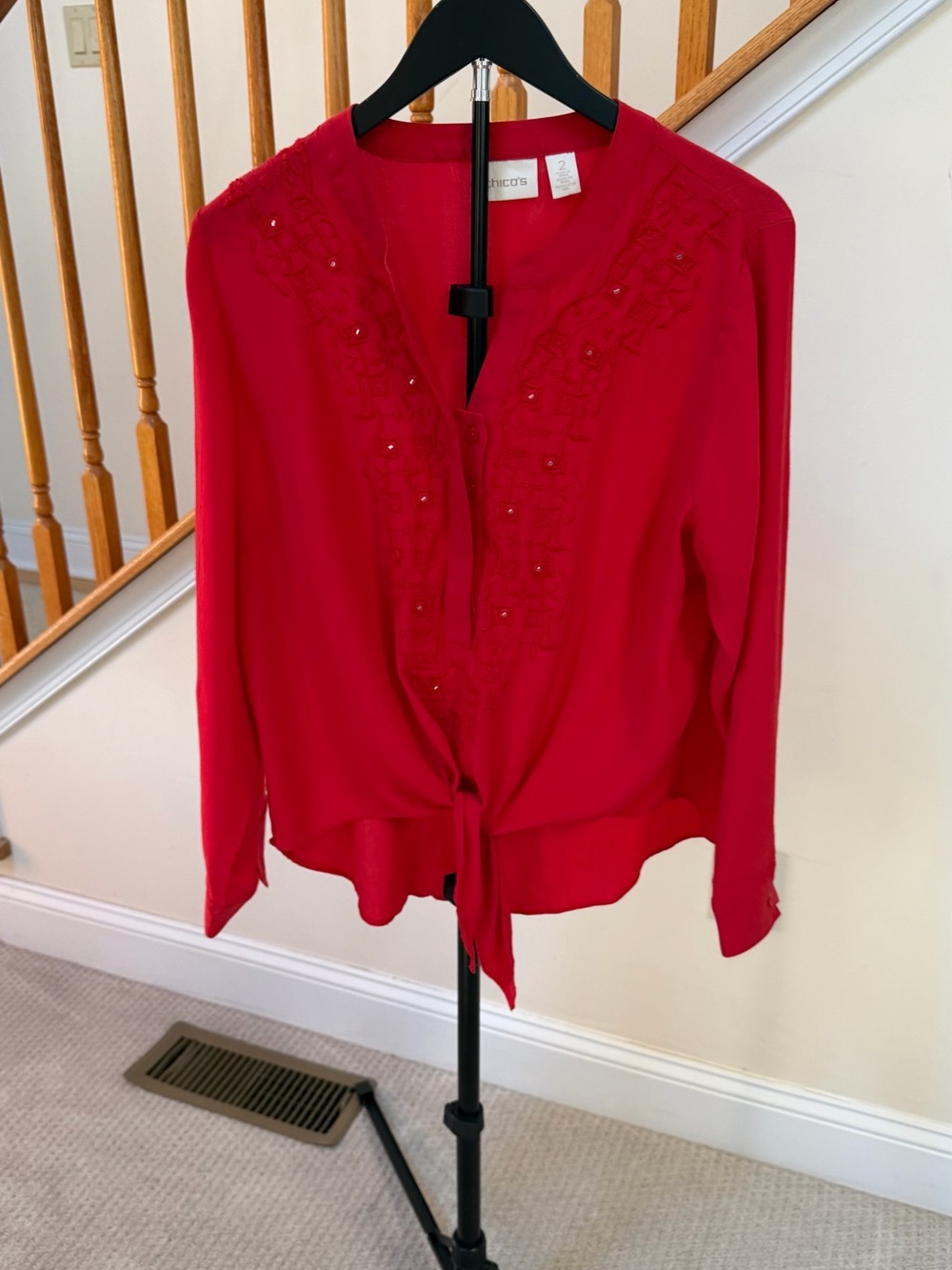 Chico's Bright Red Embroidered Tie-Front Blouse